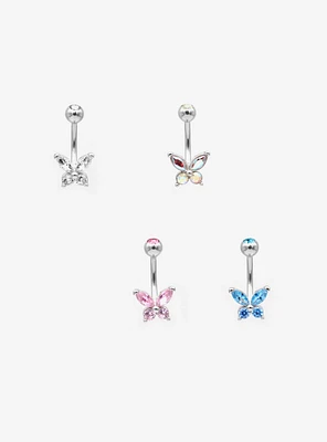 14GSteel Silver Butterfly CZ Gem Navel Barbell 4 Pack