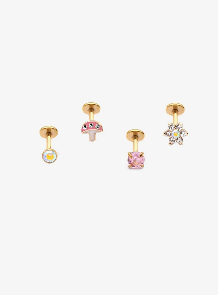 Steel Gold Mushroom & Flower Nose Stud 4 Pack