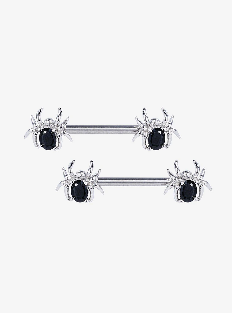 14G Steel Silver Spider Black Gem Nipple Barbell 2 Pack