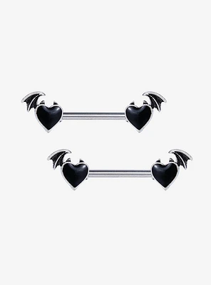 14G Steel Silver Bat Wing Heart Nipple Barbell 2 Pack