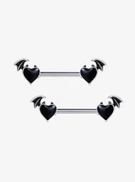 14G Steel Silver Bat Wing Heart Nipple Barbell 2 Pack