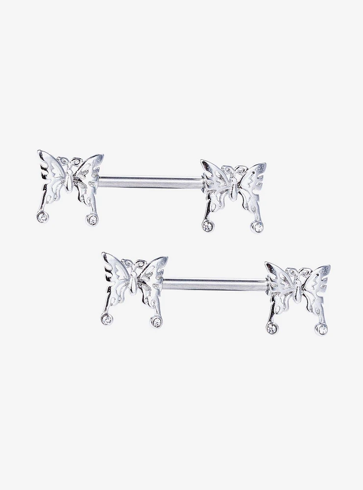 14G Steel Silver Butterfly Gem Nipple Barbell 2 Pack