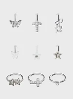 Steel Silver Cross Star Butterfly Nose Stud & Hoop 9 Pack