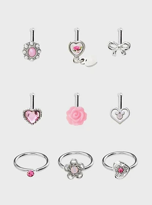 Steel Silver Rose & Bow Nose Stud Captive Hoop 9 Pack