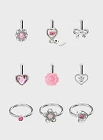 Steel Silver Rose & Bow Nose Stud Captive Hoop 9 Pack