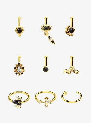 Steel Gold Snake Cross Spider Nose Stud & Hoop 9 Pack