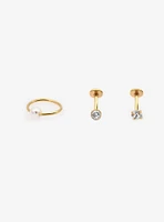 Steel Gold Rhinestone Pearl Labret Stud & Hoop 3 Pack