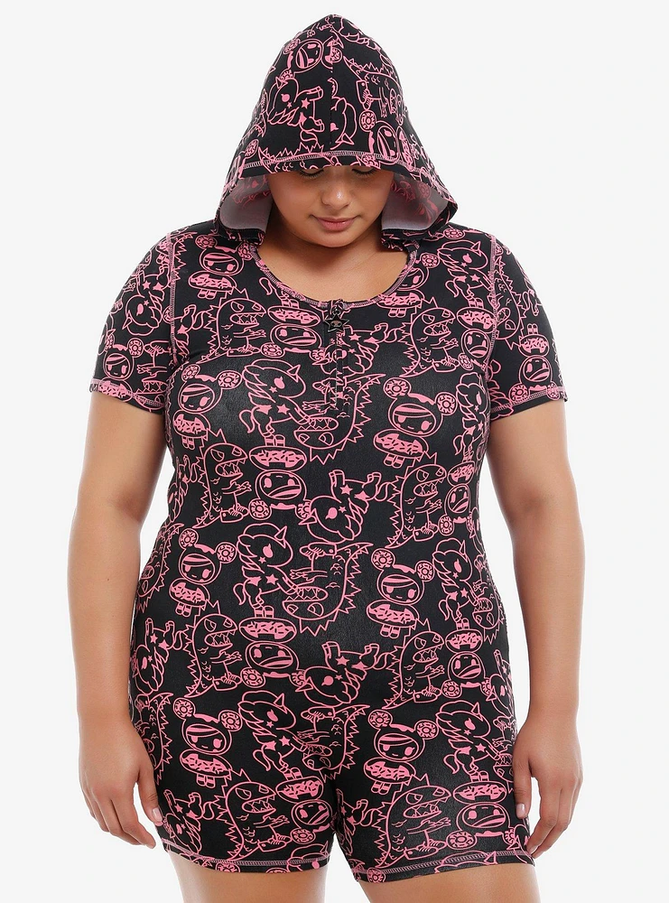 Tokidoki Black & Pink Character Outline Hooded Romper Plus