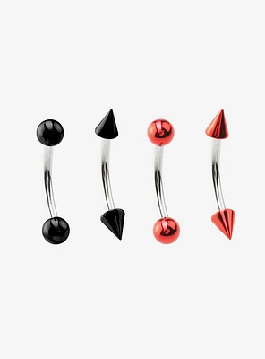 Steel Red & Black Spike Eyebrow Barbell 4 Pack