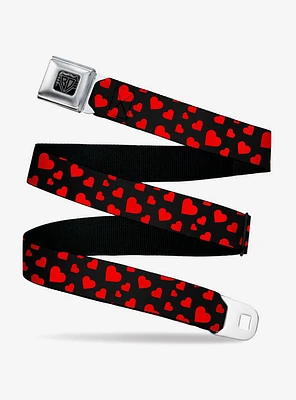 Hearts Scattered Black Red Seatbelt Buckle Belt