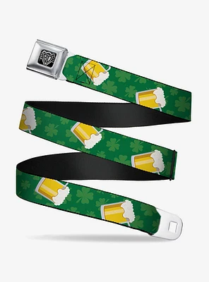 St. Patrick's Day Clovers Beer Mugs Green Seatbelt Buckle Belt