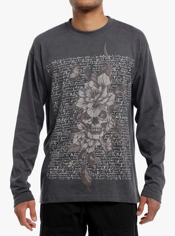 Dark Grey Floral Skull Long-Sleeve T-Shirt
