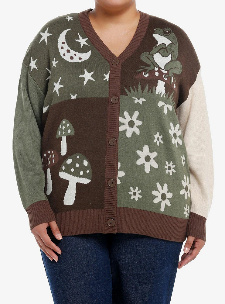 Thorn & Fable Frog Mushroom Cottage Color-Block Girls Cardigan Plus