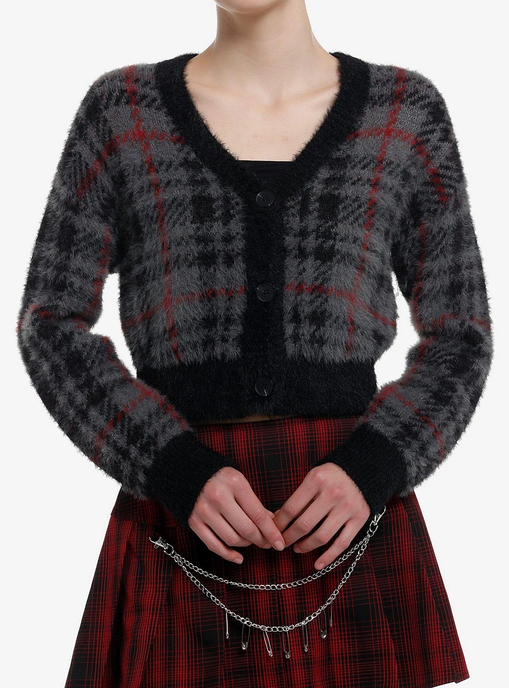 Social Collision Grey Plaid Fuzzy Girls Crop Cardigan