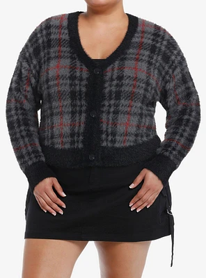 Social Collision Grey Plaid Fuzzy Girls Crop Cardigan Plus