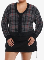 Social Collision Grey Plaid Fuzzy Girls Crop Cardigan Plus