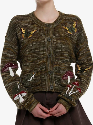 Thorn & Fable Mushroom Critter Patches Marled Girls Cardigan