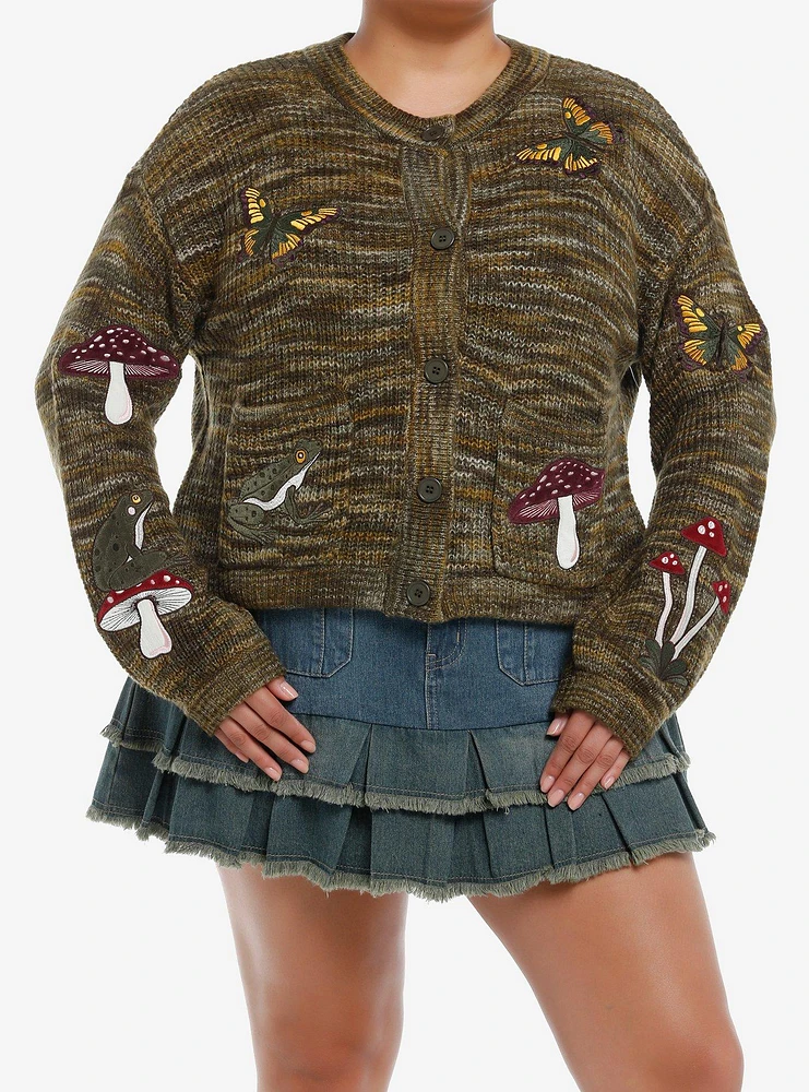 Thorn & Fable Mushroom Critter Patches Marled Girls Cardigan Plus