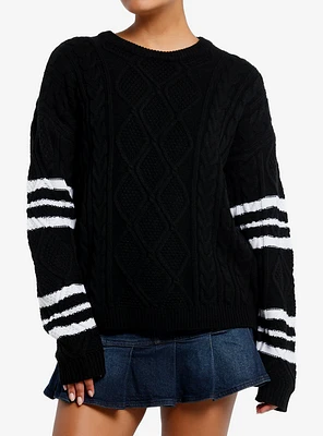 Social Collision Cable Knit Varsity Stripe Girls Sweater