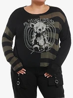 Social Collision Green & Black Stripe Bear Split Girls Crop Sweater Plus