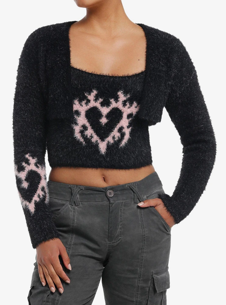 Social Collision Fuzzy Heart Girls Tank & Cardigan Set