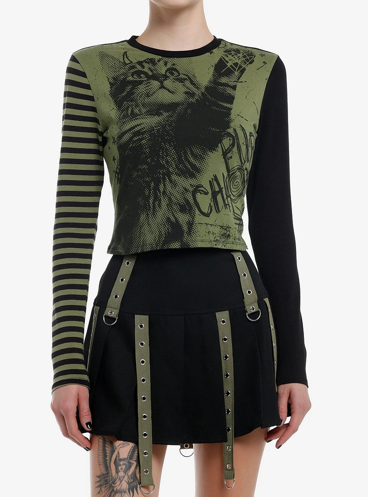 Social Collision Black & Green Grunge Cat Girls Long-Sleeve Top