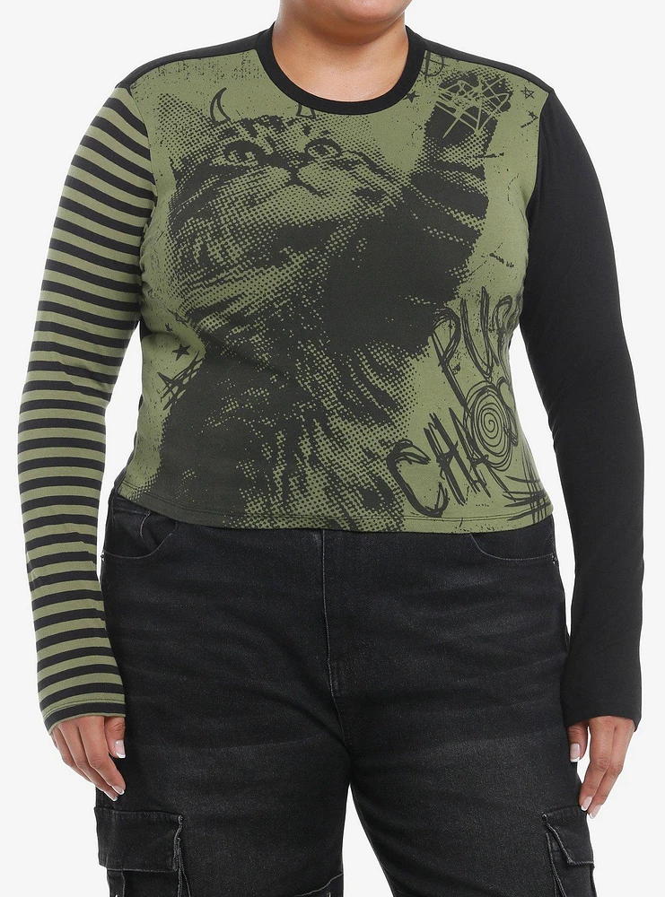 Social Collision Black & Green Grunge Cat Girls Long-Sleeve Top Plus