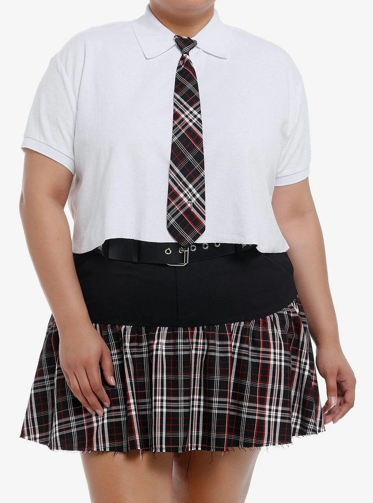 Social Collision White Polo Girls Crop Top With Tie Plus