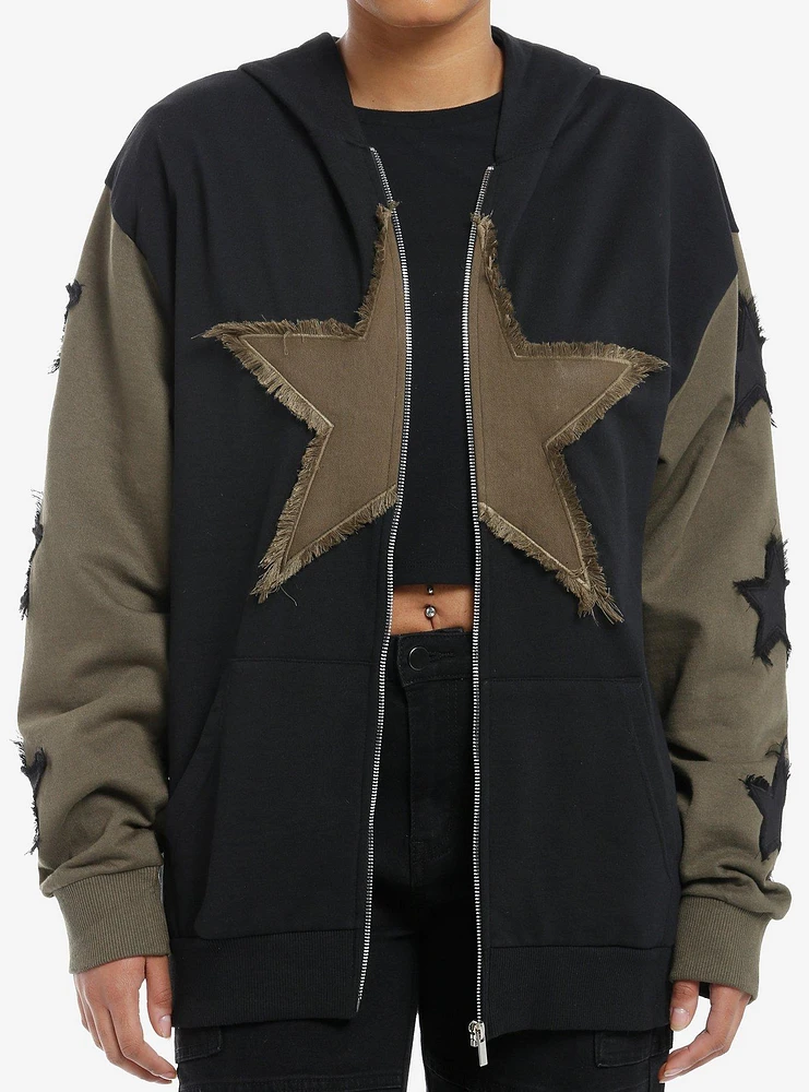 Black & Olive Green Frayed Stars Girls Hoodie