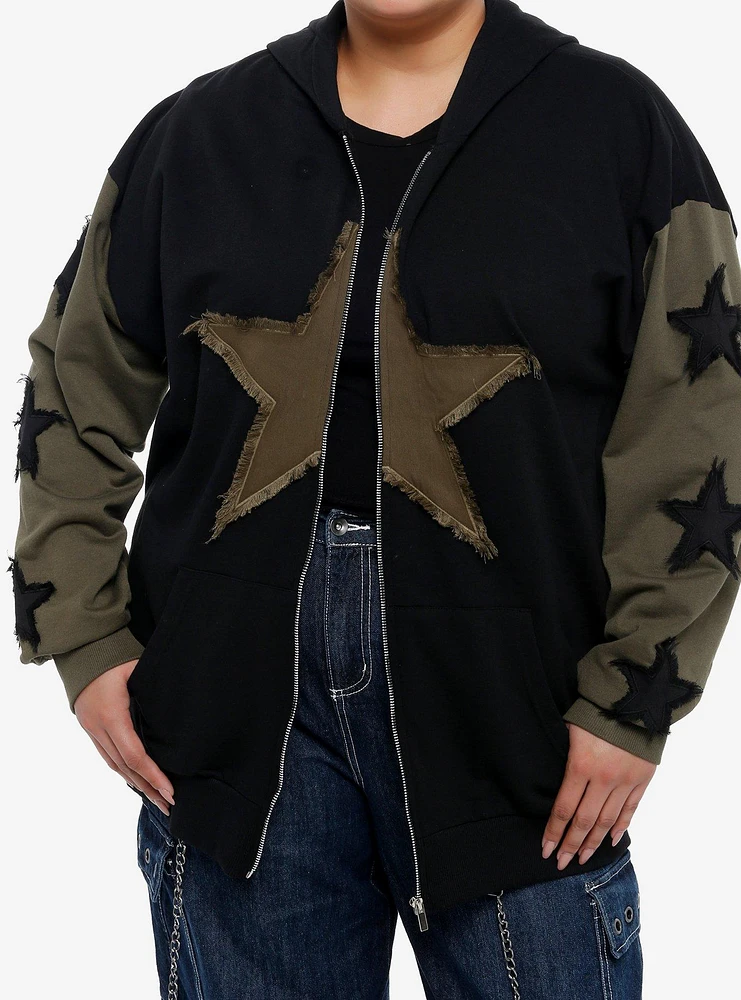 Black & Olive Green Frayed Stars Girls Hoodie Plus