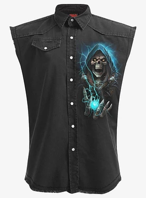 Spiral Dead Metal Sleeveless Stone Washed Button-Up Shirt