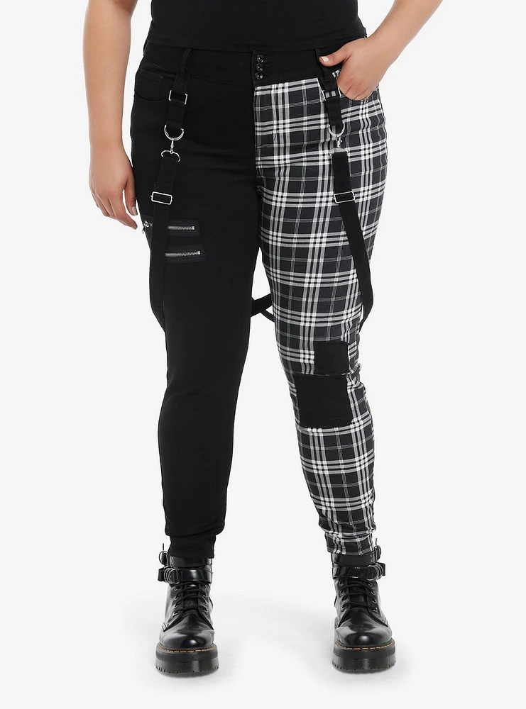 Black & White Plaid Split Suspender Hi-Rise Skinny Jeans Plus