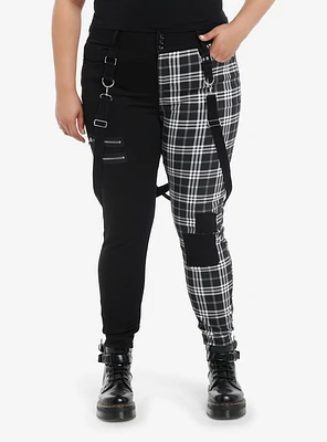 Black & White Plaid Split Suspender Hi-Rise Skinny Jeans Plus