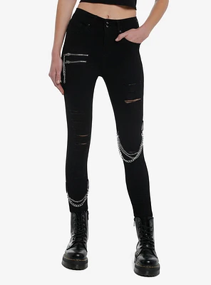 Black Zipper Chain Destructed Super Skinny Jeans