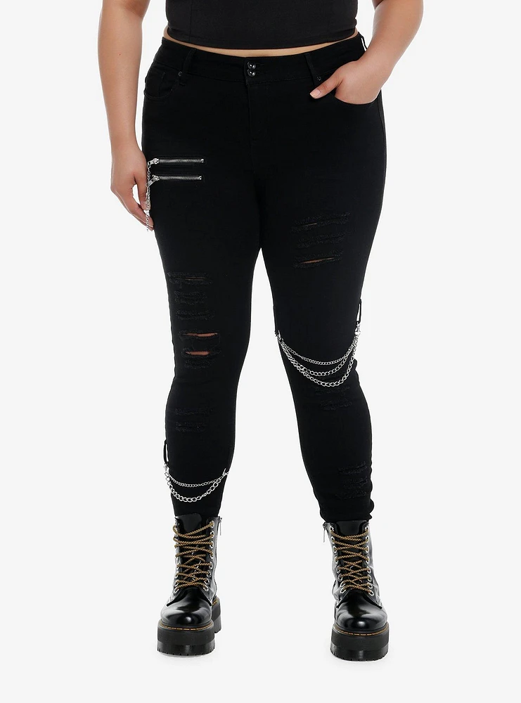 Black Zipper Chain Destructed Super Skinny Jeans Plus