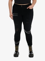 Black Zipper Chain Destructed Super Skinny Jeans Plus