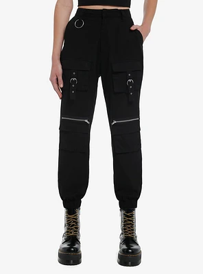 Black Zipper Grommet Cargo Jogger Pants