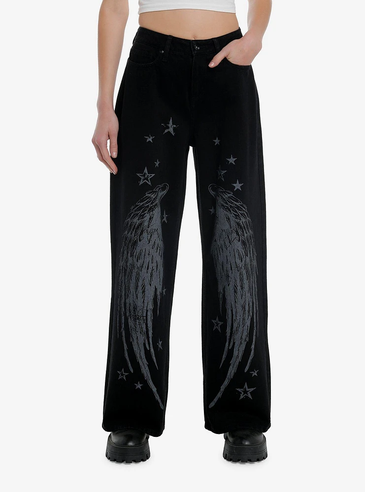 Black & Grey Wing Star Print Wide Leg Jeans