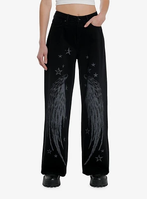 Black & Grey Wing Star Print Wide Leg Jeans