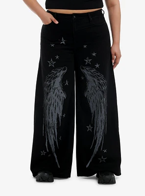 Black & Grey Wing Star Print Wide Leg Jeans Plus