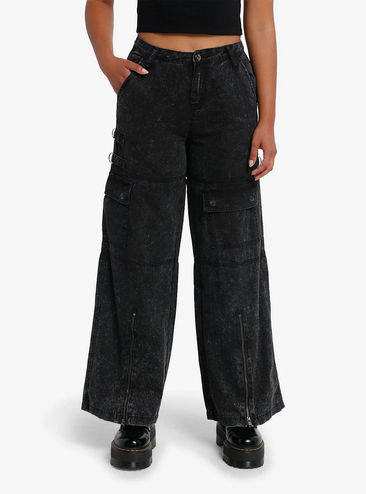 Black Acid Wash Hardware Zipper Wide Leg Jeans