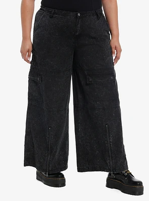 Black Acid Wash Hardware Zipper Wide Leg Jeans Plus