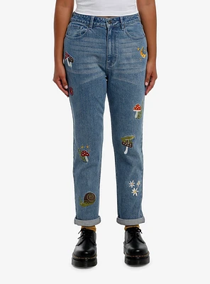 Mushroom Snail Forest Embroidered Mom Jeans