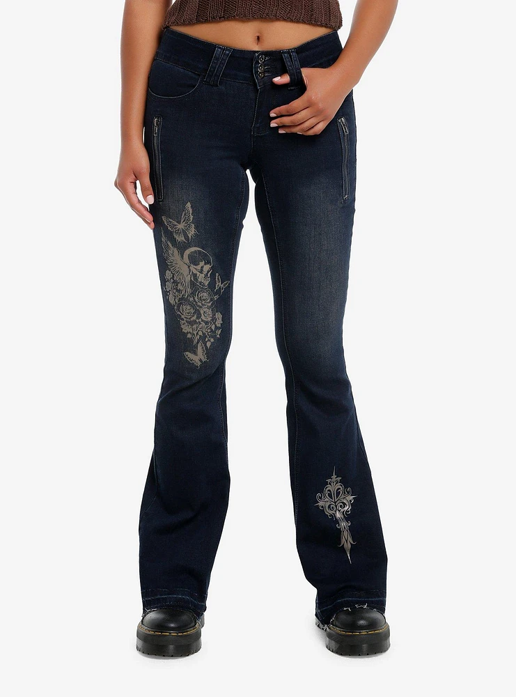 Dark Indigo Butterflies & Skulls Low-Rise Girls Flare Jeans