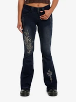 Dark Indigo Butterflies & Skulls Low-Rise Girls Flare Jeans