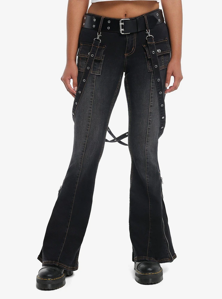 Dark Wash Grommet Suspender Flare Denim Pants With Belt