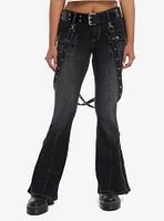 Dark Wash Grommet Suspender Flare Denim Pants With Belt