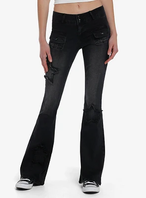 Black Frayed Star Patch Flare Denim Pants