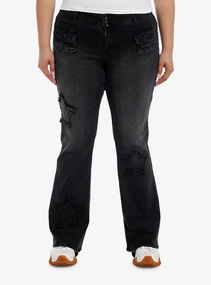 Black Frayed Star Patch Flare Denim Pants Plus