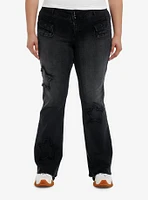 Black Frayed Star Patch Flare Denim Pants Plus